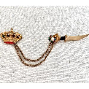 Vintage Ornate Brass Enamel Crown and Dagger Rhinestone Pearl Sweater Brooch